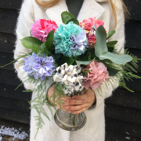 Ragged Life Bouquet of Upcycled Fabric Flowers in a vase using textile scraps and offcuts